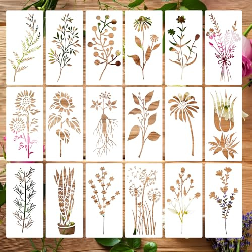 18PCS Plant Stencils,Reusable Flower Stencils Painting Crafts Templates Floral Leaves Drawing Stencil for Wood DIY Craft Template for Painting on Furniture, Canvas, Wall, Home Decor