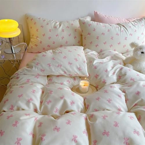 Lanqinglv Bettwäsche 135x200 Mädchen Rosa Weiß Schleifen Aesthetic Bettwäsche Kinder aus Microfaser - ÖKO-TEX Bettwäsche Set - Bettbezug mit Reißverschluss und 1 Kissenbezug 80x80 cm