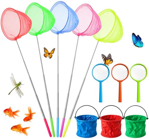 Furuising 11Pack Fishing Net Set with Handle(37-82cm) for Pond Dipping | 5 Colorful Telescopic Butterfly Nets with 3 Magnifier and 3 Foldable Bucket Kit for Rock Pool, Catching Fish, Crab, Insect