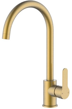 VeeBath Orbina Kitchen Mixer Tap, Modern Deck Mounted Swivel Spout Single Lever Tap One Hole, Mixer Taps for Kitchen Sink in Brushed Brass Finish, Modern Kitchen Tap with 20cm Spout