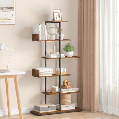 Rebonique Bookcase, 6 Tier Tall Bookshelf with Open Storage Shelf,Industrial Shelving Display Storage Unit,Ladder Shelf,Plant Shelf,Corner Bookcase for Living Room, Home Office,Bedroom,Rustic Brown