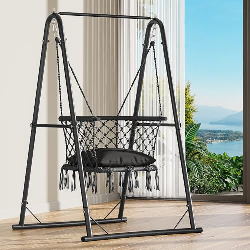 YITAHOME Hamaca Colgante con Estructura, Carga máxima de 150 kg, Marco de Acero Estable, Columpio Colgante con cojín, 105 x 93 x 160 cm, sillón Colgante con 2 Ganchos para terraza, balcón y jardín
