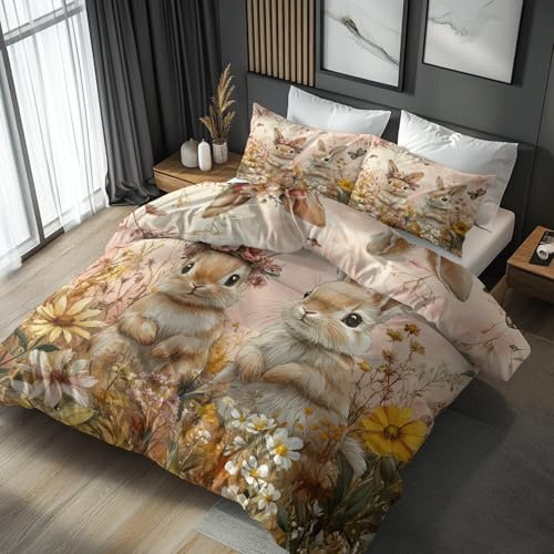 Generisch Bettwäsche Kaninchen Kinder 2tlg, Deckenbezug 135x200, 1 Kissenbezug 80x80, Süße Tiere Hase Blumen Wendebettwäsche & Deko, Weiche Mikrofaser Bettbezug Set mit Reißveschluss PSO0