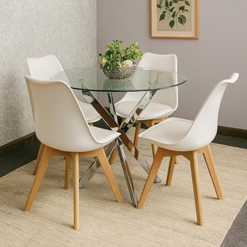 KOSY KOALA Modern Round Glass Dining Table Set With 4 Cream Plastic Chairs Dining Room Furniture