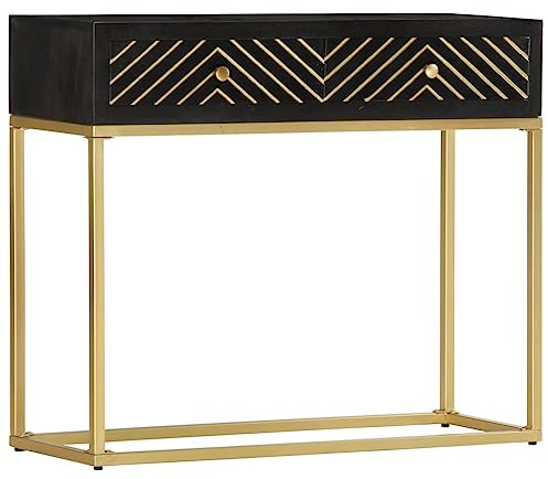 Table console en bois massif de mangue noir et or 90 x 30 x 75 cm avec 2 tiroirs, structure en acier robuste pour ameublement de salon, meuble élégant et durable, facile