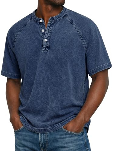 Men's Distressed Henley Shirts Vintage Short Sleeve T-Shirts Pure Cotton Collar Casual Vintage V-Neck Button Solid Color Tee Shirts Summer Casual Henley Shirts