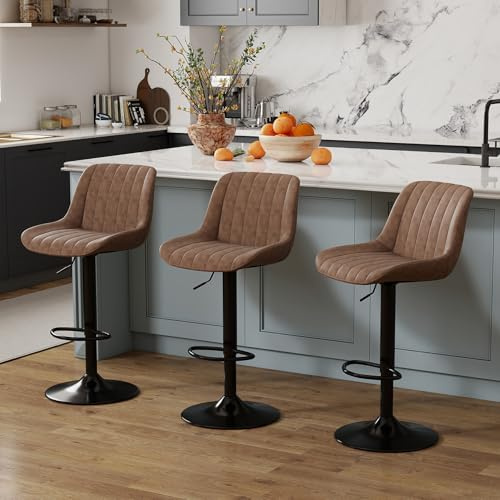 Youhauchair Barhocker 3er Set, Drehbare Barhocker mit Lehne, Braun | 20 cm Höhenverstellung, Ergonomisch gebogener Sitz, trägt bis zu 150 KG, PU-Leder, mit Lehne, 360°-Drehung