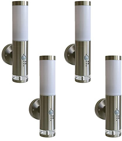 Dapo 4x LISA 2 Edelstahl-Außen-Wandleuchte, Hauptlicht E27 Max. 40W, Grundlichtring 12 festgebaute LEDs, Bewegungsmelder, Dämmerungssensor, IP44