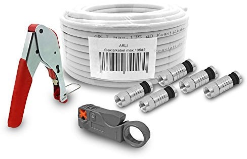 ARLI HD Sat Kabel 50 m Koaxialkabel 135 dB Koaxial Kompressionszange Kabelmesser 10 x F Kompressionsstecker