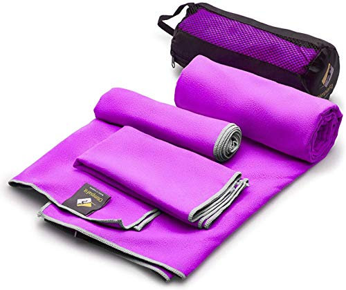 OlimpiaFit Mikrofaser Handtuch Set - 3 saugfähige Handtücher mit Netztasche - Schnelltrocknend, Ultra leicht & kompakt - Camping, Sport, Strand (Lila)