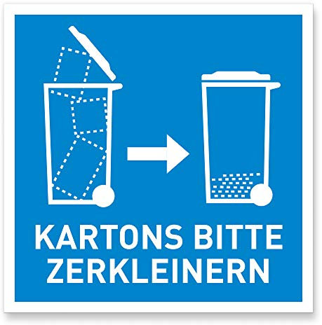 Hinweisschild - KARTONS Bitte ZERKLEINERN - Alu-Dibond | Pappe, Papiermüll, Papiertonne, Mülltonne Papier, Karton | Made in Germany (17 x 17 cm)