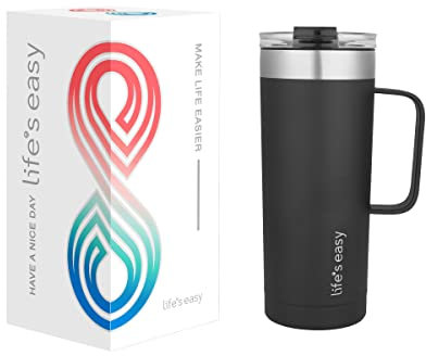 Life's Easy 20oz Stainless Steel Mug w/Handle - Double Wall Insulated Travel Tumbler w/Flip Lid - Leak Proof Tumbler - Thermal Cup for Coffee, Tea, Water & More - Keep Hot & Cold Drinks (Black)
