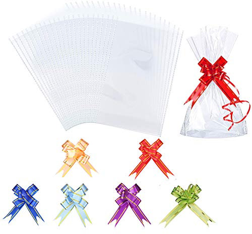 AUERVO 60PCS Clear Resealable Flat Cello Bags - OPP Plastic Cellophane Storage Bags for Sweet/Party/Gift/Home with Mix Colors Pull Bows
