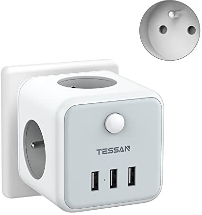 TESSAN Cube Multiprise Murale 3 Française avec 3 Ports USB, 6 en 1 Chargeur Multiple avec Interrupteur, Prise Électrique pour Domicile, Bureau, Gris