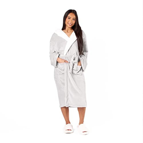 Sienna Womens Fleece Robes for Women with Hood Sherpa Lined Warm Soft Plush Long Ladies Spa Hotel Lightweight Bathrobe Sleepwear Men Adults - Silver Grey