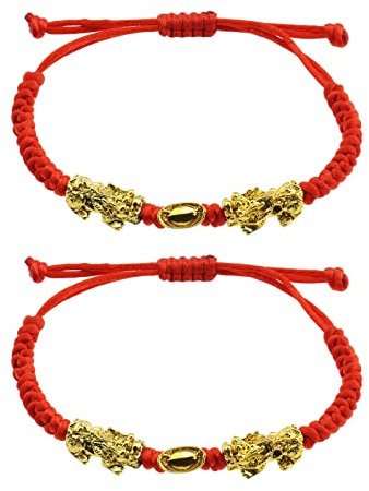 2 pcs Double Pi Xiu/Pi Yao Richesse d'or Lingot Rouge Chaîne Bracelet pour Femmes Hommes Ami Famille Bijoux Réglables Attirer Richesse et Bonne Chance