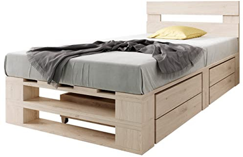 sunnypillow Palettenbett M2 aus Holz 100 x 200 cm mit Kopfteil und 2 Bettkästen Stabiles Holzbett Seniorenbett Kinderbett erhöhtes Einzelbett Bettgestell Futonbett Komforthöhe Naturholz