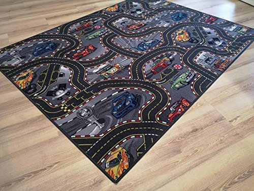 Kinderteppich Straßenteppich Racing Auto grau anthrazit Rennstrecke Spielteppich (100 x 200 cm)