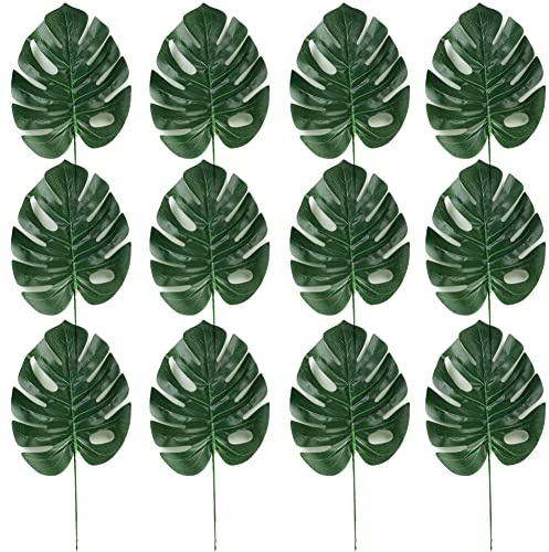 ISAKEN 12 Stück Künstlich Schildkrötenblatt Künstliche Blätter Tropischen Pflanze Deko für Valentinstag Hawaiian Monstera Pflanze Jungle Theme Dekorationen Safariblätter Party