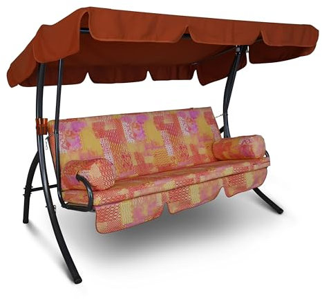 Angerer Freizeitmöbel GmbH Hollywoodschaukel Trend - Gartenschaukel Made in Germany - Schaukel zum Sitzen, Liegen und Entspannen - mit Bett-Funktion - einfache Montage (Rosa-Orange-Gelb Gemustert)