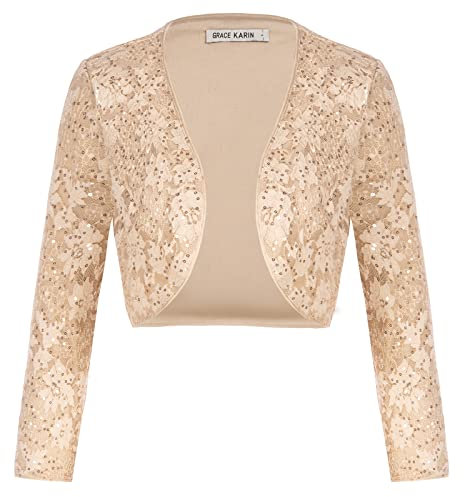 GRACE KARIN Damen Funkelndes Langarm Bolero Disco Pailletten Verzierte Elegante Strickjacke Aprikose S