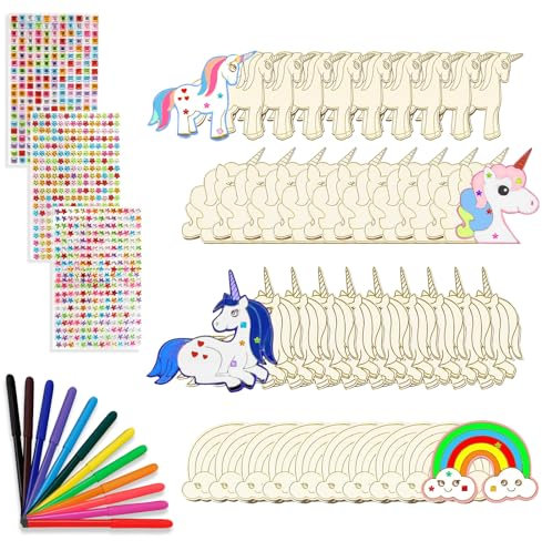 KERANEET 55 Stück Einhorn Bastelset Kit Einhorn Holz Bastelset Kindergeburtstag Basteln Holz Basteln Kinder für Mädchen Jungen Geburtstag Party Geschenk