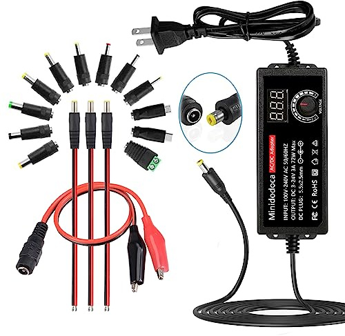 minidodoca Adattatore universale AC/DC, 72 W, DC regolabile 3 V ~ 24 V, 16 punte, protezione di sicurezza, compatibile con più dispositivi elettronici