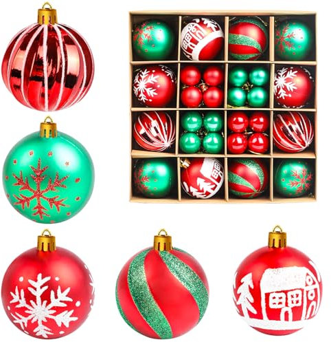 JOFONY Weihnachtsbaumkugeln,44 Stück Weihnachtskugeln Set,6cm und 3cm Christbaumkugeln Weihnachtsbaumschmuck Weihnachtskugeln Rot und Grün baumkugeln für Indoor Outdoor Weihnachtsbaum Deko