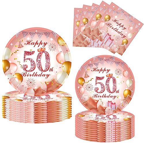 52Pcs 50th Paper Plates and Napkins Rose Gold,16 Guests Pink and Gold 50th Birthday Party Tableware Paper Plates and Napkins Set for Women 50th Birthday Gifts,Birthday Party Decorations Supplies