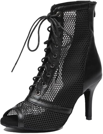 MINITOO Sexy Dance Heels for Women Elegant Open Toe Formal Party Evening Ankle Booties L576 Black 8.5cm Heel UK 3.5