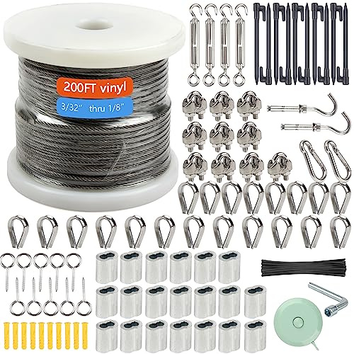 Shineyoo 1/8 Wire Rope Kit，Steel Wire Cable，200FT Turnbuckles for Cables Wire，Vinyl Coated Stainless Steel Cable Wire for Outdoor,Garden,Kitchen,Craft with Turnbuckle