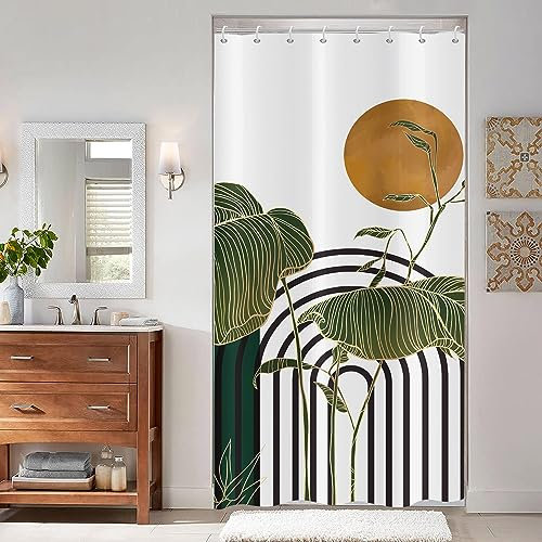 ASDCXZ Boho Duschvorhang 120x180 cm, Modern Abstrakt Kunst Boho Style Sonne Grün Blätter Bad Waschbar Schmal Duschvorhänge mit ösen Polyester Textil Wasserdicht Duschvorhang für Badewanne mit 8 Haken