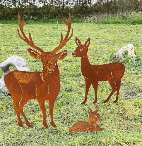 Steinfigurenwelt Gießen 3er Set Hirsch Familie 117cm zum Stecken REH mit Kitz und Hirsch Gartenstecker Edelrost Gartendeko Rost Metall Rostfigur Hirsch Kitz Tier
