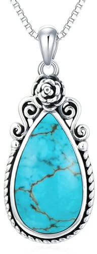 DOLIOX Halskette mit Geburtsblumen-Anhänger aus echtem Türkis, Sterlingsilber, Vintage-Schmuck mit indianischem Western-Motiv, Geburtstagsgeschenk für Frauen