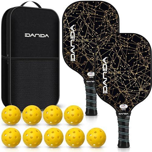 DANDA - Palas de pickleball, superficie de fibra de vidrio aprobada por USAPA, con un núcleo compuesto de panal, duraderas y ligeras, juego de pickleball con 9 bolas extra para exteriores y funda de