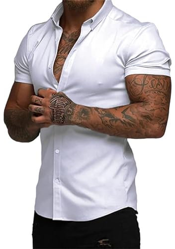 Elegancity Mens Shirts Short Sleeve Smart Casual Summer Beach Shirts Slim Muscle Fit Button Down Formal Dress Shirt White, XL