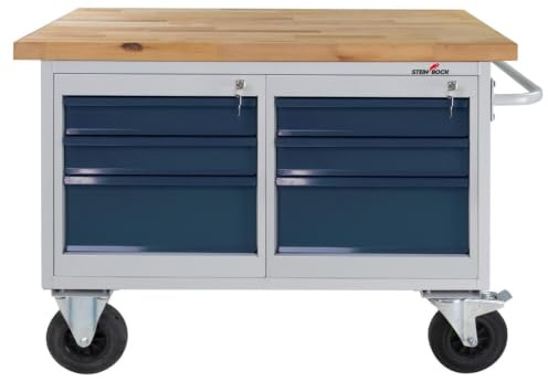 Steinbock Werkbank 6 Schubladen + Boden | 130x82,7x60 cm | 500 kg | Grau | 500 kg Tragkraft | 4 cm geölte Massivholz-Arbeitsplatte aus Buche | stabiles Stahlgestell | Werktisch | Made in EU