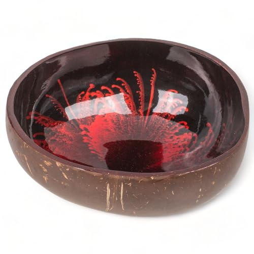 MIJOMA Exotische Kokosnuss-Schale | Innenseite farbenfroh lackiert | Robust und ästhetisch | Perfekt für einzigartige Bowl-Kreationen | 13x13x6 cm (Rot)