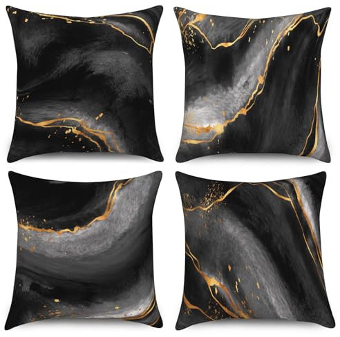 Uiiooazy Kissenbezug Schwarz Gold, Kissenbezüge Marmor Optik Grau Dekorative Quadratisch Kissenhülle Samt Zierkissenbezug für Sofa Couch Schlafzimmer Wohnzimmer Auto Café Zuhause, 4er Set, 30Bx30Hcm