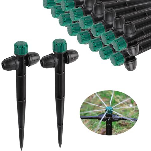 FOGWOWO 30 Stück Bewässerungstropfer Emitter für 1/4 Zoll Bewässerungsschlauch,360 Grad Einstellbar Tropfbewässerung Tropfer auf 6.5 Zoll Pfahl für Garten Bewässerungssystem