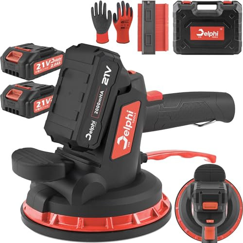 DELPHI Fliesenleger Maschine Vibrations Saugheber Set 21V 2000mAh Akku 250KG absorption 18cm Saugnäpfen Fliesen Saugheber Glassauger Glasheber 6 Geschwindigkeitsstufen Handgeführter Fliesenrüttler