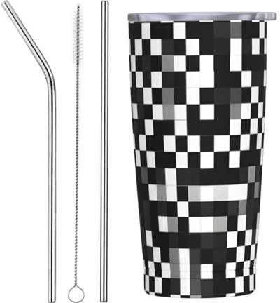 Black White Formula Checkered Pattern Vacuum Insulated Stainless Steel Bottle, Double Walled, Drinking Cup, Thermo Coffee Travel Mug, 20oz
