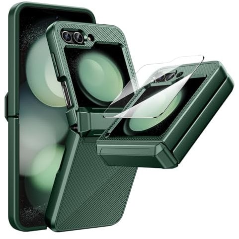 Doeshine for Samsung Galaxy Z Flip 5 Case with Hinge Protection & Built-in Screen Protector, Slim Fit Non-Slip Stylish Texture Shockproof Rugged Phone Protective Cover for Galaxy Z Flip 5 5G (Green)