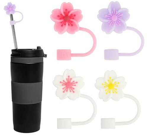 Andibro Flowers Silikon Strohhalm Abdeckkappe, 4 Stück 10 mm Niedliche Strohaufsätze Kompatibel mit Wiederverwendbaren Trinkhalmen von 30 und 40 Unzen Spitzen Deckel für Trinkgläser Staubdichte