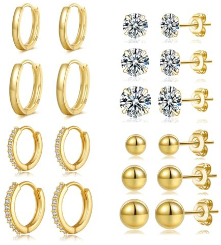 LOUMILEO Creolen Gold 14 Karat Gold Ohrstecker für Damen Kleine Ohrringe Gold Ohrstecker mit Zirkonia Hypoallergen Huggie Creolen Set für mehrere Piercings 10 Paar