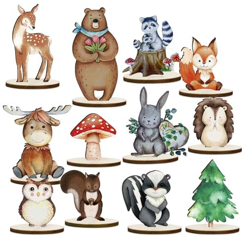 Holz Waldtiere Deko Ornamente,12 Stück Holz Tischdekorationen mit Holzsockel,Niedliche Waldtiere Ornamente,Tortendeko Dschungel,Tischaufsätze für Waldlager für Kindergeburtstag Deko