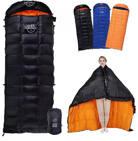 OMVMO Sacco a pelo in piuma d'anatra per adulti, 650 gradi di riempimento, ultraleggero, indossabile per 4 stagioni, per il freddo, rettangolare, per campeggio ed escursionismo (nero/-12,2 °C/cerniera