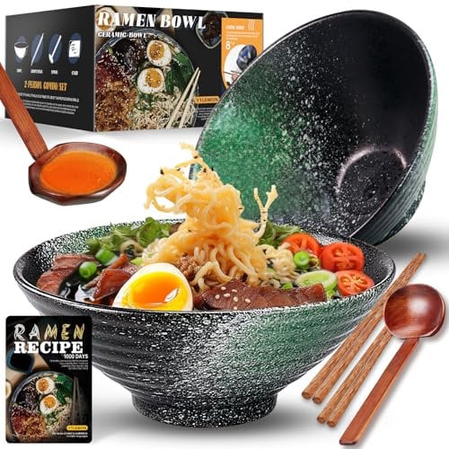 YTLEMON Ceramic Ramen Bowl Set of 2 - Porcelain Japanese Salad Noodles Cereal Fruit Pasta Soup Large Bowls 2×1000 ml 34 Ounces with Recipes Forks Chopsticks and Spoons for Party Camping Men Women Gift