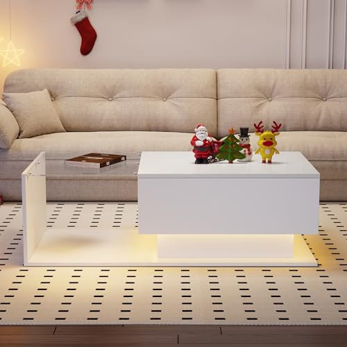BTM Table Basse LED Via APP, Intégré Innovant Plateau en Verre, Moderne Coffee Table Rectangulaire avec Rangement Salon, 100 x50x32 cm, Brillant Blanc