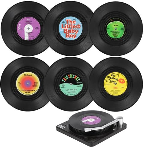 6 Stück Retro Vinyl Schallplatten Untersetzer, RetroCD Schallplatten, rutschfeste Tasse Matte, rutschfest isoliert Tasse Matte, rutschfeste Untersetzer mit Halter für Tassen Tisch Bar Glas Gläser